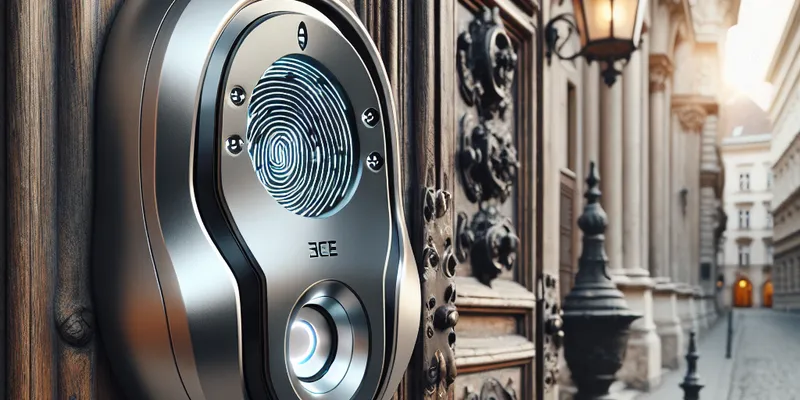 Modernes Fingerabdruck Schloss an Haustür in Wien, Nahaufnahme. Innovative Sicherheitstechnik für Ihr Zuhause. Mehr erfahren