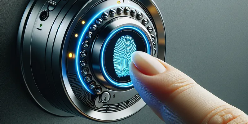 Moderner Sicherheitszylinder mit Fingerabdrucksensor an Tür; innovative Zugangskontrolle für Ihr Zuhause. Mehr erfahren.