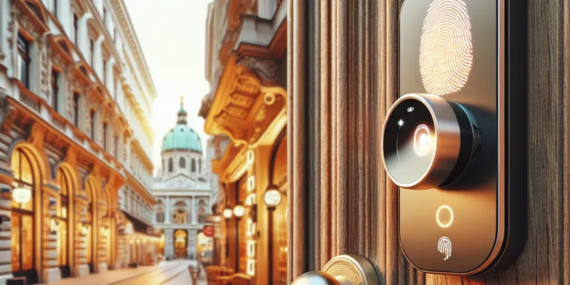 Modernes Türschloss mit Fingerabdrucksensor an Haustür in Wien, innovative Sicherheitstechnik im Einsatz. Entdecken Sie smarte Lösungen. Mehr erfahren