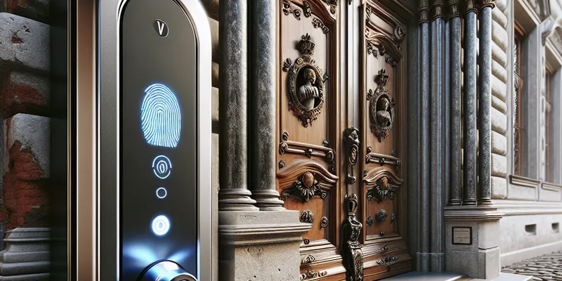 Modernes Türschloss mit Fingerabdrucksensor in Wien, Nahaufnahme einer Hand beim Öffnen. Innovative Sicherheitstechnik erleben. Mehr erfahren
