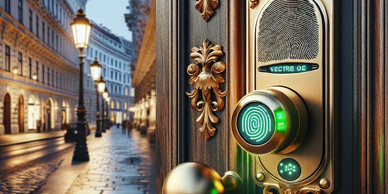 Modernes Türschloss mit Fingerabdruckscanner an Haustür in Wien, innovative Sicherheitstechnik für Ihr Zuhause. Mehr erfahren