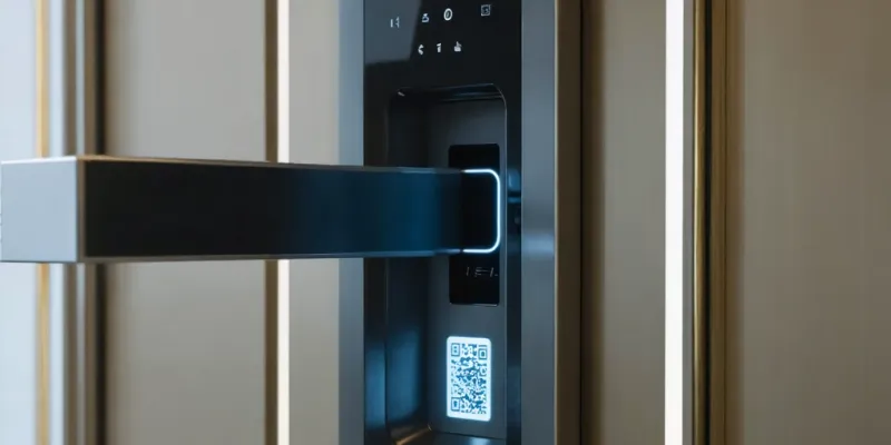 Moderne Türöffnung Wien mit biometrischem Fingerabdruckscanner an eleganter Haustür. Innovative Sicherheit erleben. Mehr erfahren