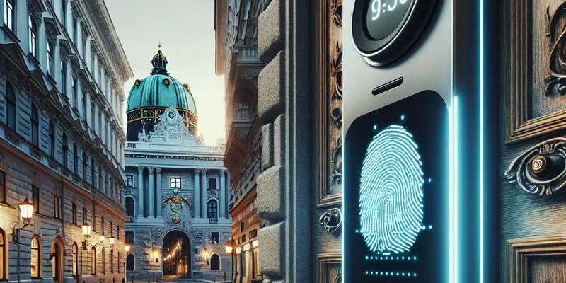 Modernes biometrisches Schloss an Haustür in Wien, Nahaufnahme der Fingerabdruckerkennung. Innovative Sicherheit erleben. Mehr erfahren