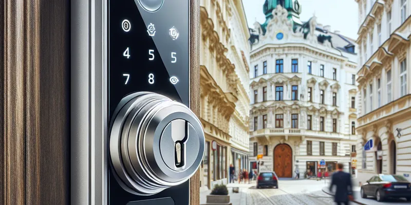 Modernes elektronisches Türschloss an Haustür in Wien, stilvolles Design und sichere Zugangslösung für Ihr Zuhause. Mehr erfahren